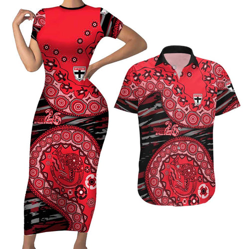 St Kilda Saints NAIDOC Week 2026 Couples Matching Short Sleeve Bodycon Dress and Hawaiian Shirt Australian Aboriginal Dot Art Dreamtime Pattern Style