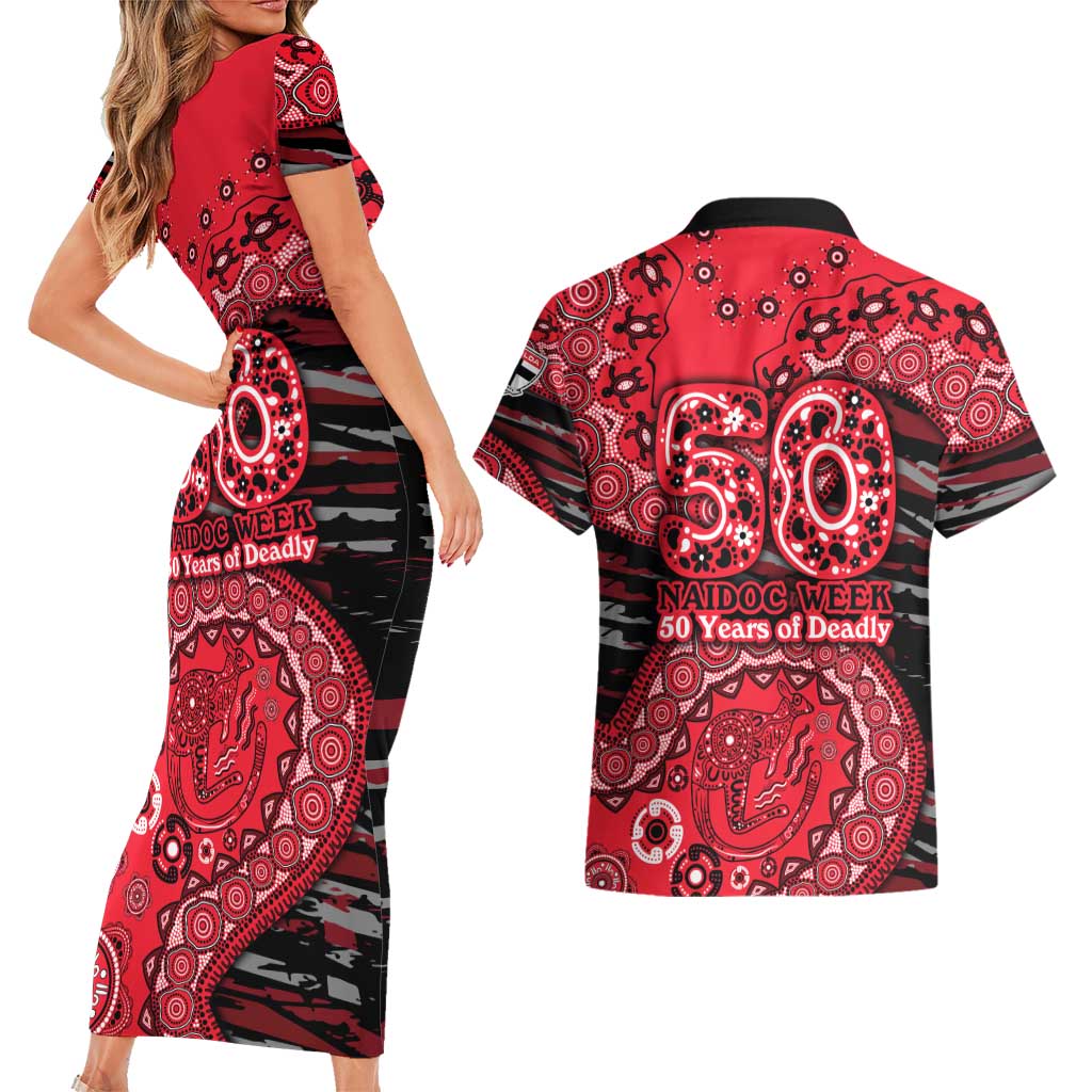 St Kilda Saints NAIDOC Week 2026 Couples Matching Short Sleeve Bodycon Dress and Hawaiian Shirt Australian Aboriginal Dot Art Dreamtime Pattern Style