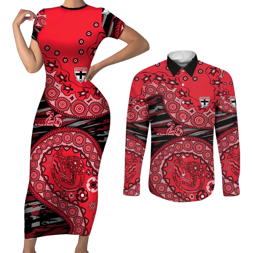 St Kilda Saints NAIDOC Week 2026 Couples Matching Short Sleeve Bodycon Dress and Long Sleeve Button Shirt Australian Aboriginal Dot Art Dreamtime Pattern Style
