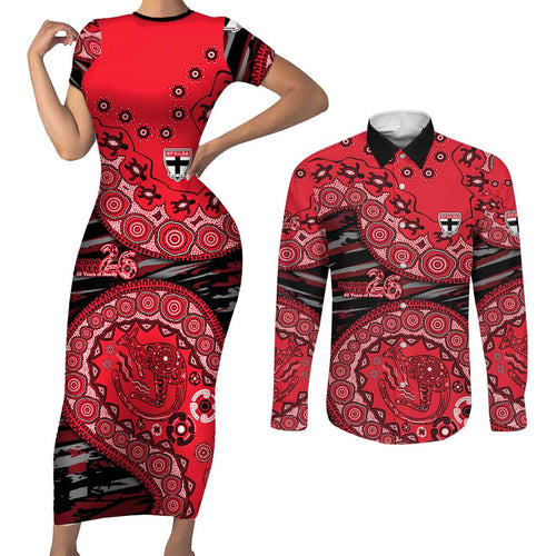 St Kilda Saints NAIDOC Week 2026 Couples Matching Short Sleeve Bodycon Dress and Long Sleeve Button Shirt Australian Aboriginal Dot Art Dreamtime Pattern Style