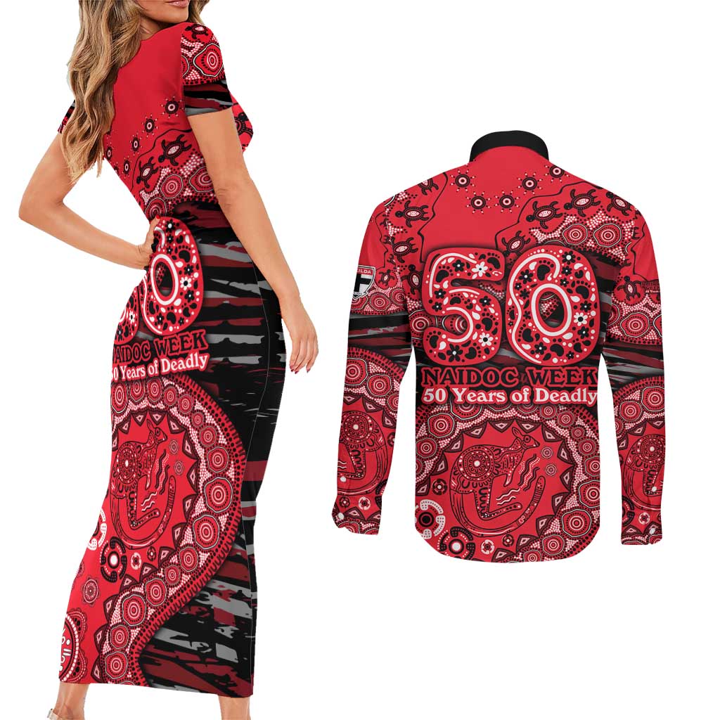 St Kilda Saints NAIDOC Week 2026 Couples Matching Short Sleeve Bodycon Dress and Long Sleeve Button Shirt Australian Aboriginal Dot Art Dreamtime Pattern Style