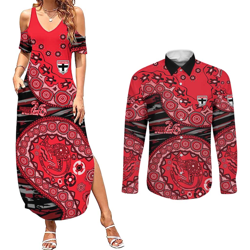 St Kilda Saints NAIDOC Week 2026 Couples Matching Summer Maxi Dress and Long Sleeve Button Shirt Australian Aboriginal Dot Art Dreamtime Pattern Style