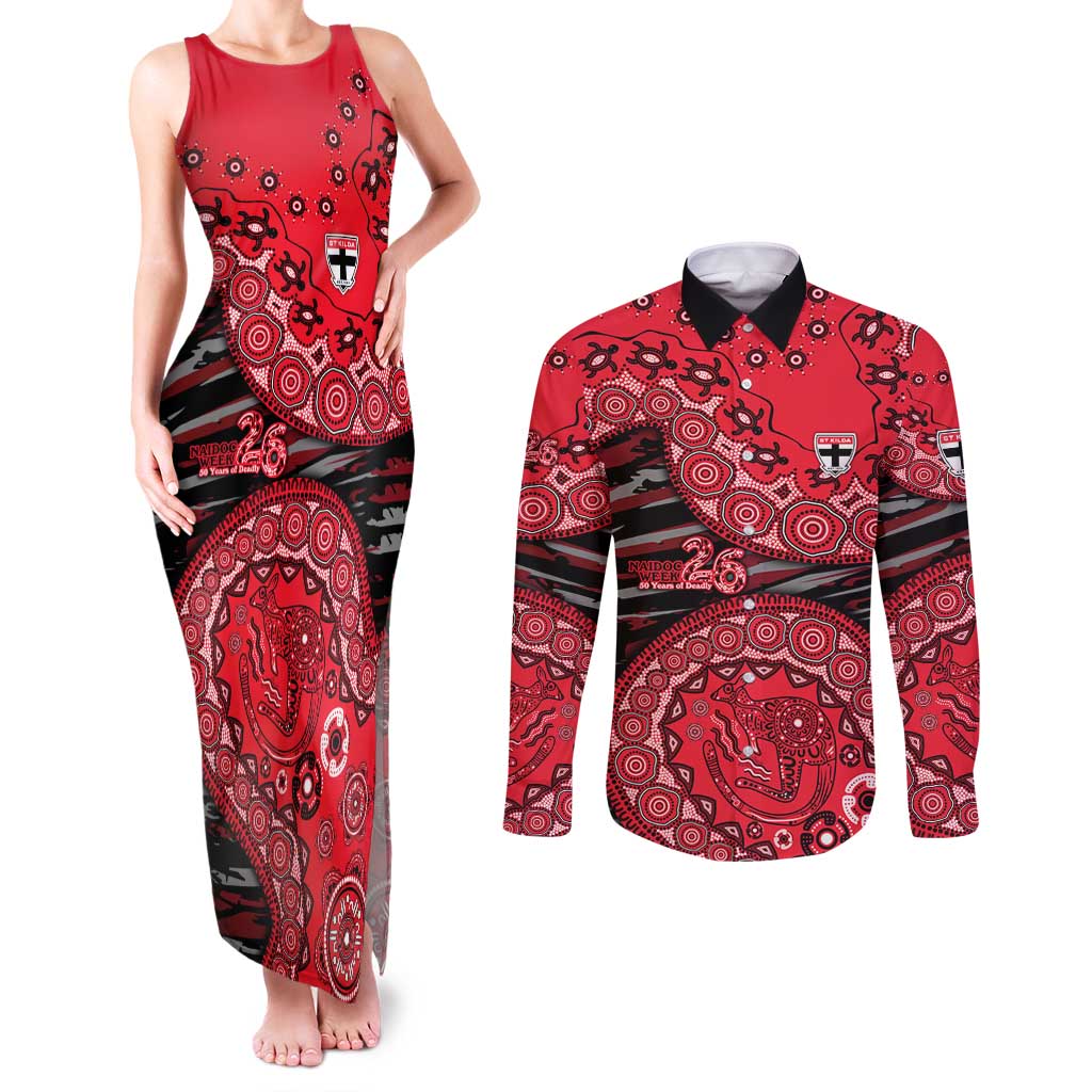 St Kilda Saints NAIDOC Week 2026 Couples Matching Tank Maxi Dress and Long Sleeve Button Shirt Australian Aboriginal Dot Art Dreamtime Pattern Style