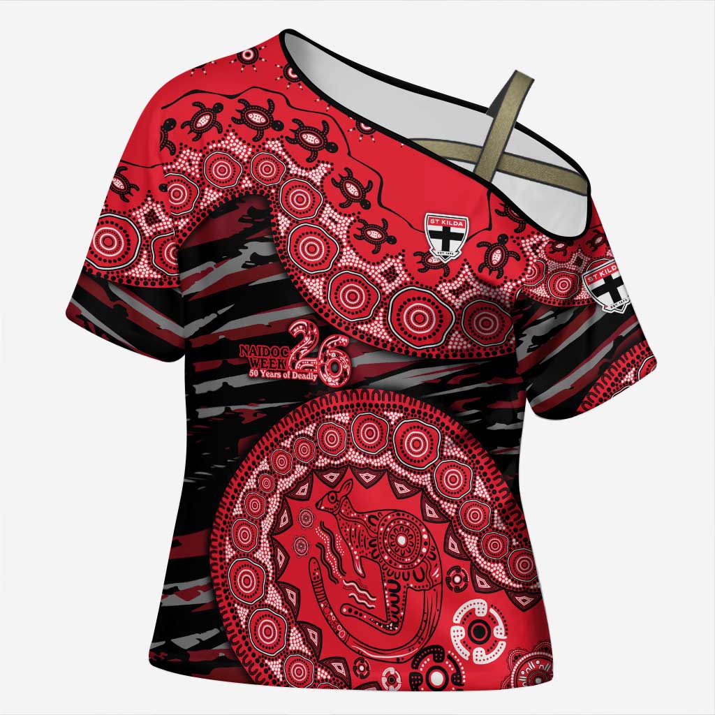St Kilda Saints NAIDOC Week 2026 Cross Shoulder Shirt Australian Aboriginal Dot Art Dreamtime Pattern Style