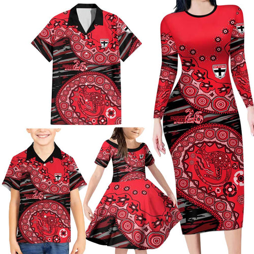 St Kilda Saints NAIDOC Week 2026 Family Matching Long Sleeve Bodycon Dress and Hawaiian Shirt Australian Aboriginal Dot Art Dreamtime Pattern Style