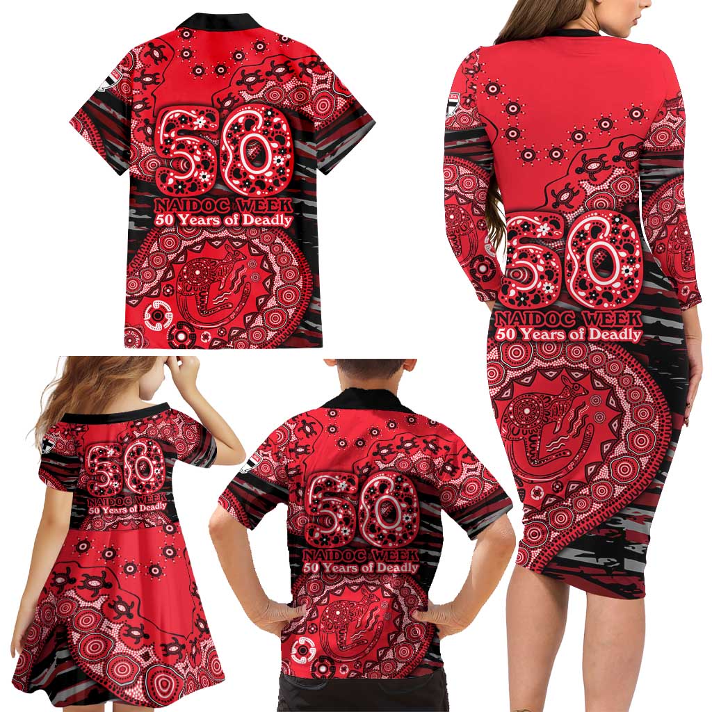 St Kilda Saints NAIDOC Week 2026 Family Matching Long Sleeve Bodycon Dress and Hawaiian Shirt Australian Aboriginal Dot Art Dreamtime Pattern Style