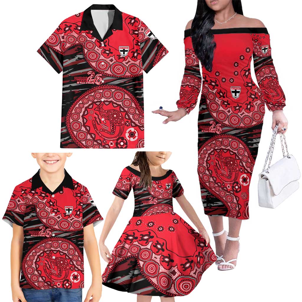 St Kilda Saints NAIDOC Week 2026 Family Matching Off The Shoulder Long Sleeve Dress and Hawaiian Shirt Australian Aboriginal Dot Art Dreamtime Pattern Style