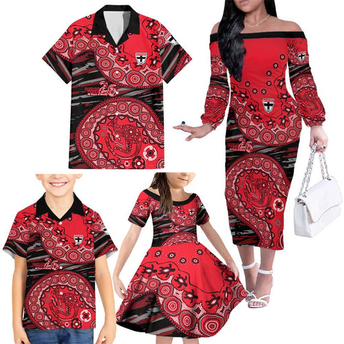 St Kilda Saints NAIDOC Week 2026 Family Matching Off The Shoulder Long Sleeve Dress and Hawaiian Shirt Australian Aboriginal Dot Art Dreamtime Pattern Style
