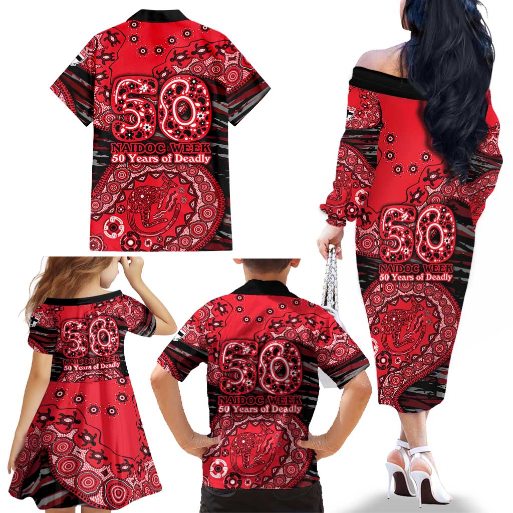 St Kilda Saints NAIDOC Week 2026 Family Matching Off The Shoulder Long Sleeve Dress and Hawaiian Shirt Australian Aboriginal Dot Art Dreamtime Pattern Style