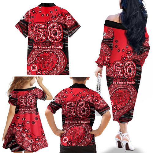 St Kilda Saints NAIDOC Week 2026 Family Matching Off The Shoulder Long Sleeve Dress and Hawaiian Shirt Australian Aboriginal Dot Art Dreamtime Pattern Style