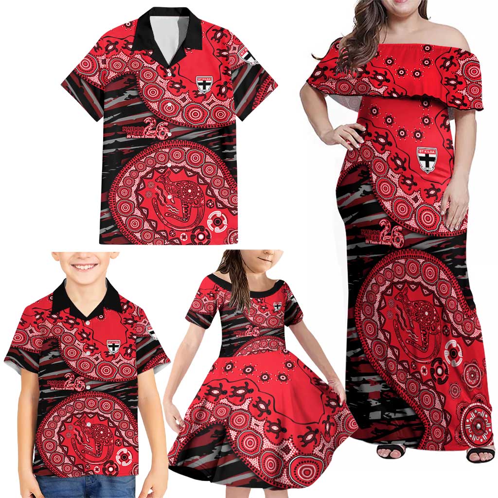 St Kilda Saints NAIDOC Week 2026 Family Matching Off Shoulder Maxi Dress and Hawaiian Shirt Australian Aboriginal Dot Art Dreamtime Pattern Style