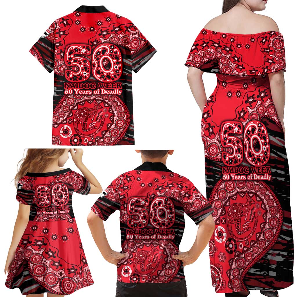 St Kilda Saints NAIDOC Week 2026 Family Matching Off Shoulder Maxi Dress and Hawaiian Shirt Australian Aboriginal Dot Art Dreamtime Pattern Style