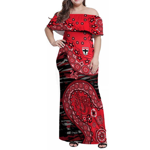 St Kilda Saints NAIDOC Week 2026 Family Matching Off Shoulder Maxi Dress and Hawaiian Shirt Australian Aboriginal Dot Art Dreamtime Pattern Style