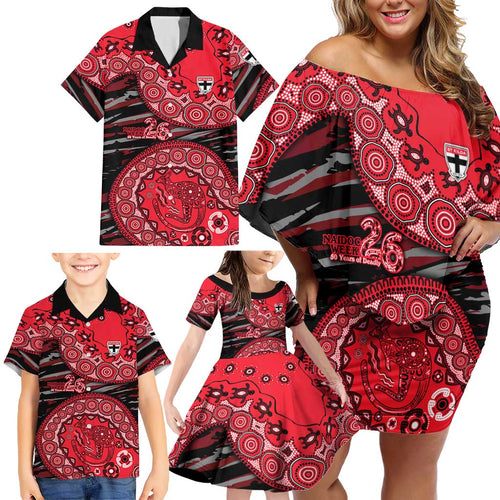 St Kilda Saints NAIDOC Week 2026 Family Matching Off Shoulder Short Dress and Hawaiian Shirt Australian Aboriginal Dot Art Dreamtime Pattern Style
