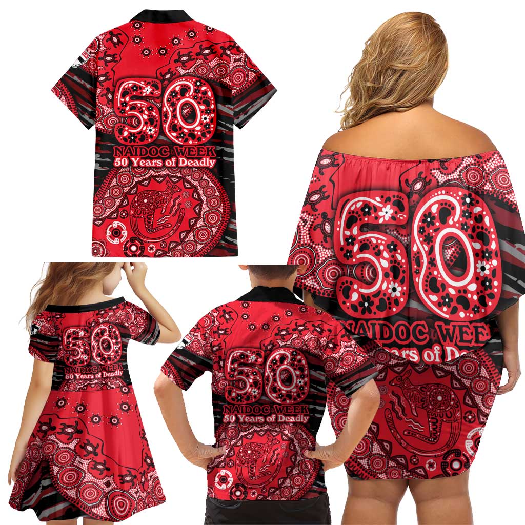 St Kilda Saints NAIDOC Week 2026 Family Matching Off Shoulder Short Dress and Hawaiian Shirt Australian Aboriginal Dot Art Dreamtime Pattern Style