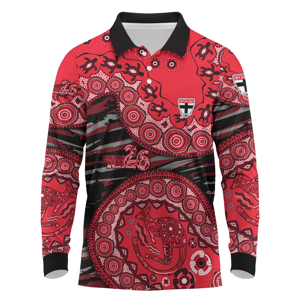 St Kilda Saints NAIDOC Week 2026 Long Sleeve Polo Shirt Australian Aboriginal Dot Art Dreamtime Pattern Style