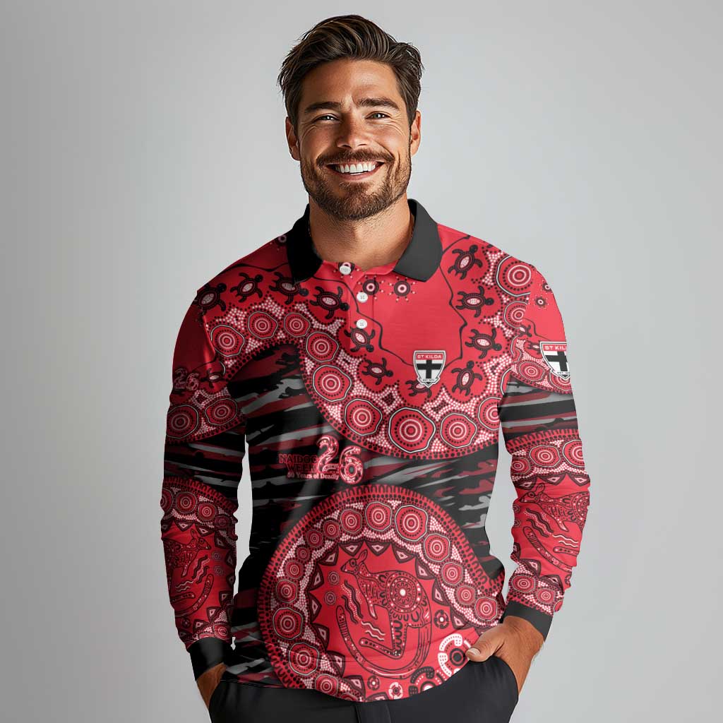St Kilda Saints NAIDOC Week 2026 Long Sleeve Polo Shirt Australian Aboriginal Dot Art Dreamtime Pattern Style