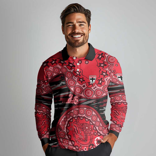 St Kilda Saints NAIDOC Week 2026 Long Sleeve Polo Shirt Australian Aboriginal Dot Art Dreamtime Pattern Style