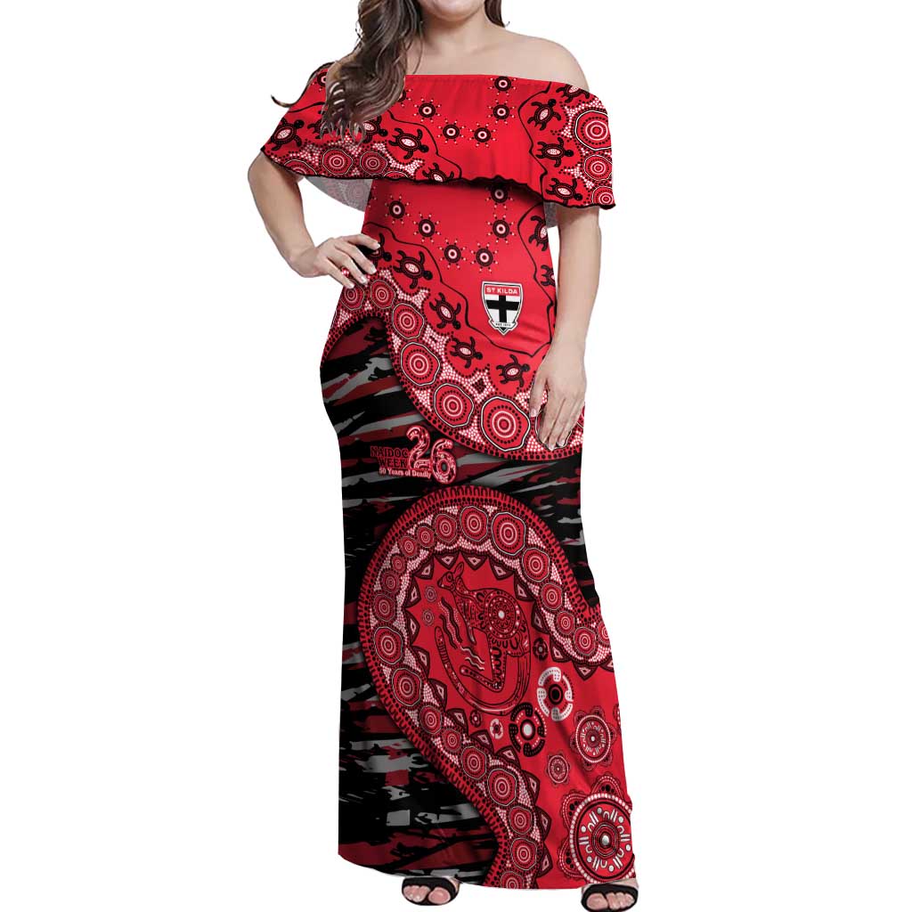 St Kilda Saints NAIDOC Week 2026 Off Shoulder Maxi Dress Australian Aboriginal Dot Art Dreamtime Pattern Style