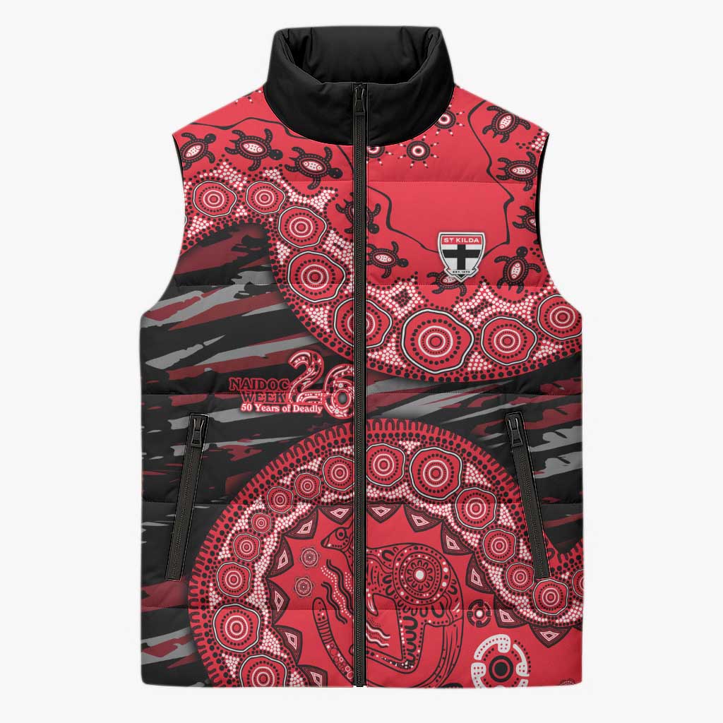 St Kilda Saints NAIDOC Week 2026 Sleeveless Puffer Jacket Australian Aboriginal Dot Art Dreamtime Pattern Style