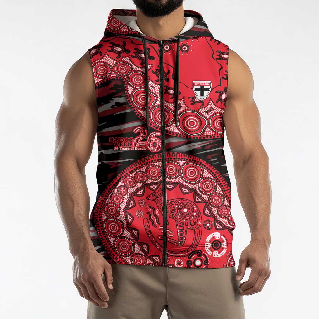 St Kilda Saints NAIDOC Week 2026 Sleeveless Zip Hoodie Australian Aboriginal Dot Art Dreamtime Pattern Style