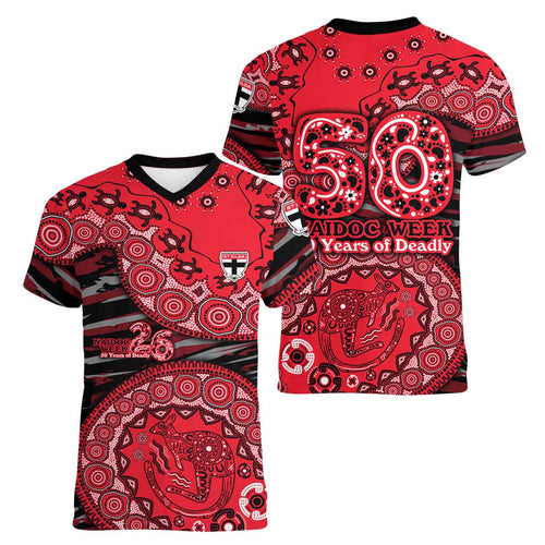 St Kilda Saints NAIDOC Week 2026 Women V-Neck T-Shirt Australian Aboriginal Dot Art Dreamtime Pattern Style