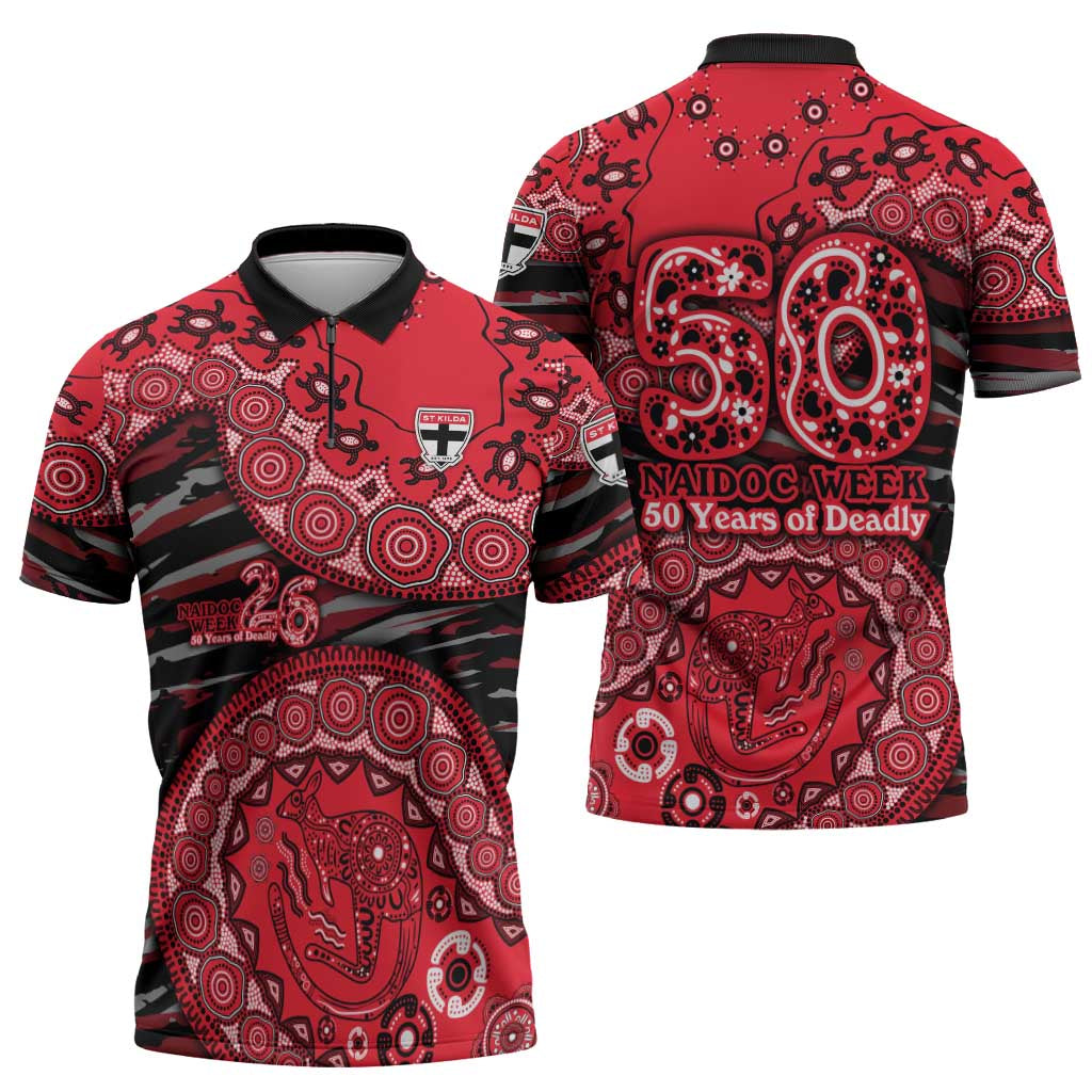 St Kilda Saints NAIDOC Week 2026 Zipper Polo Shirt Australian Aboriginal Dot Art Dreamtime Pattern Style