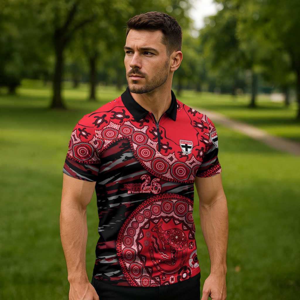 St Kilda Saints NAIDOC Week 2026 Zipper Polo Shirt Australian Aboriginal Dot Art Dreamtime Pattern Style