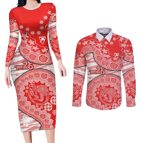 Sydney Swans NAIDOC Week 2026 Couples Matching Long Sleeve Bodycon Dress and Long Sleeve Button Shirt Australian Aboriginal Dot Art Dreamtime Pattern Style