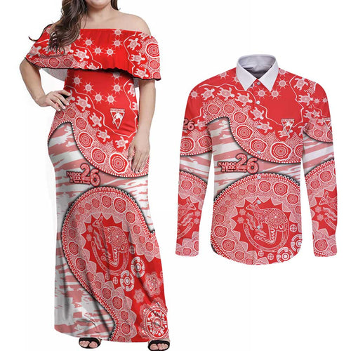 Sydney Swans NAIDOC Week 2026 Couples Matching Off Shoulder Maxi Dress and Long Sleeve Button Shirt Australian Aboriginal Dot Art Dreamtime Pattern Style