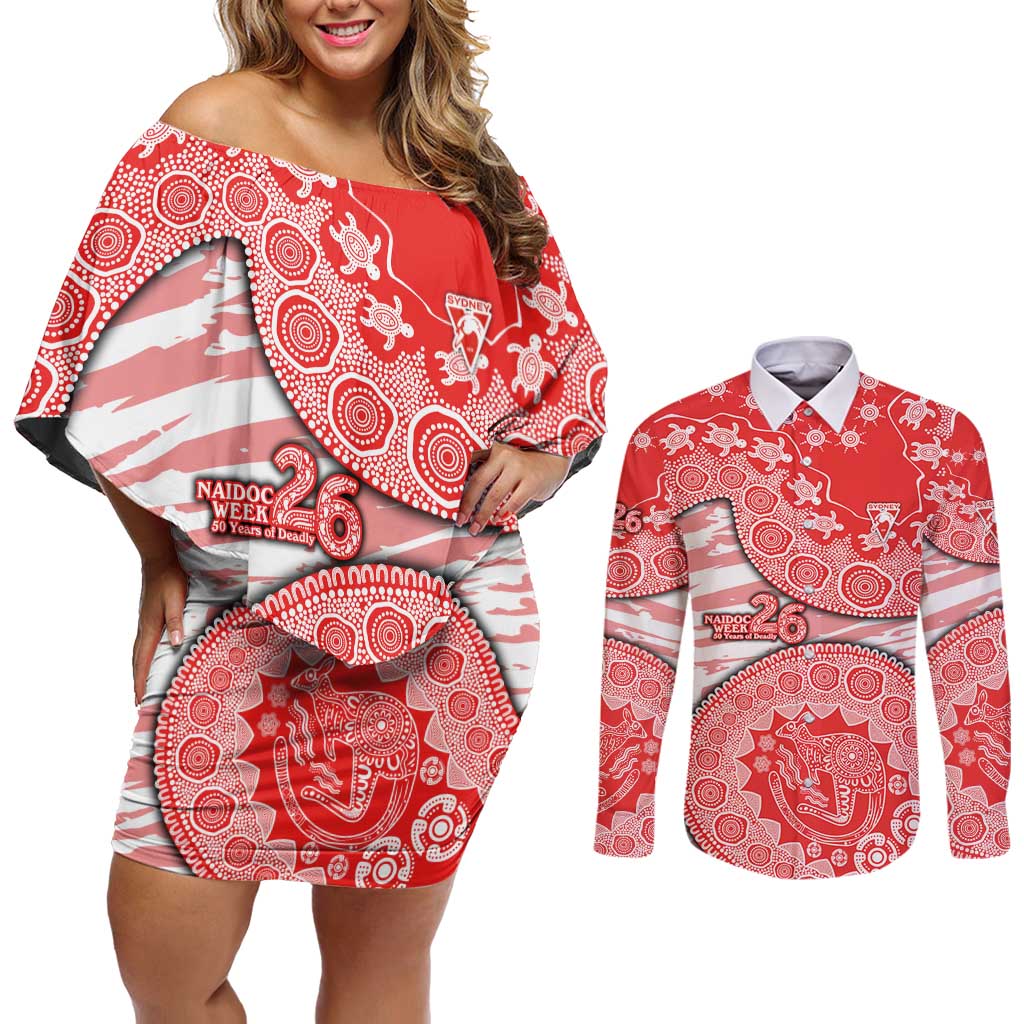 Sydney Swans NAIDOC Week 2026 Couples Matching Off Shoulder Short Dress and Long Sleeve Button Shirt Australian Aboriginal Dot Art Dreamtime Pattern Style