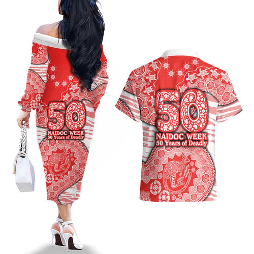 Sydney Swans NAIDOC Week 2026 Couples Matching Off The Shoulder Long Sleeve Dress and Hawaiian Shirt Australian Aboriginal Dot Art Dreamtime Pattern Style