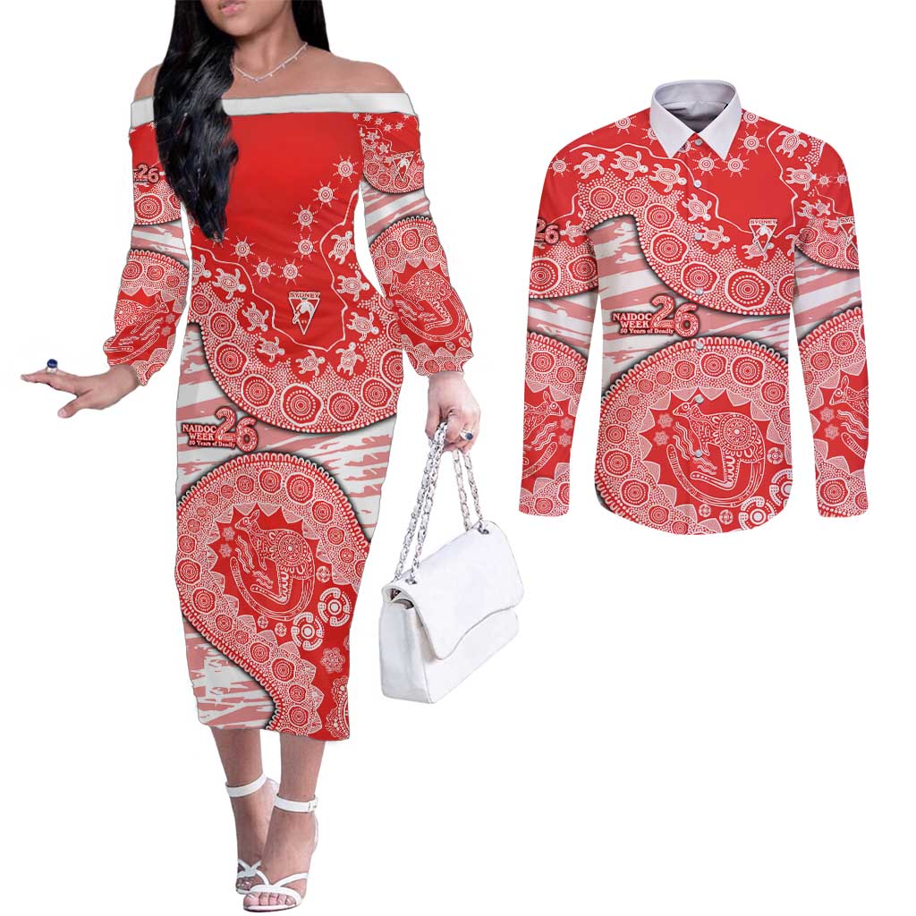 Sydney Swans NAIDOC Week 2026 Couples Matching Off The Shoulder Long Sleeve Dress and Long Sleeve Button Shirt Australian Aboriginal Dot Art Dreamtime Pattern Style