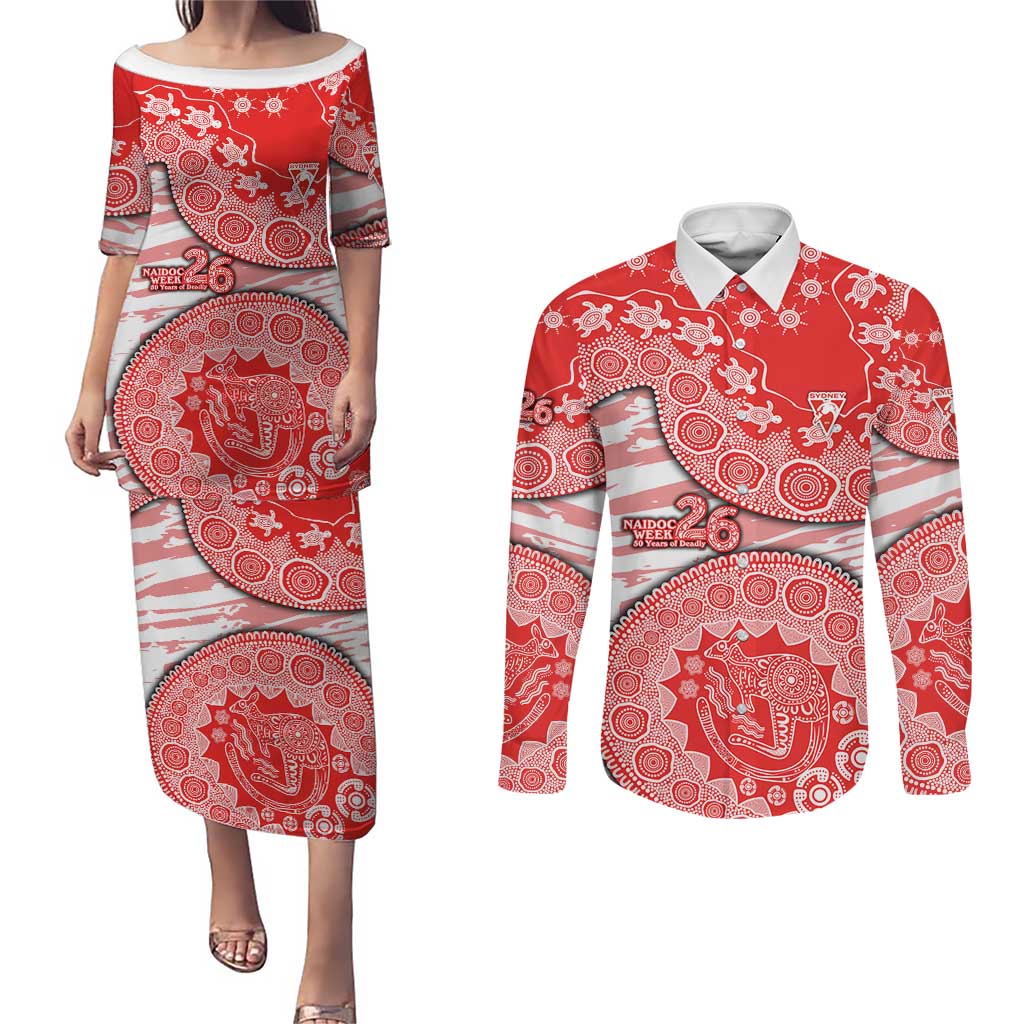 Sydney Swans NAIDOC Week 2026 Couples Matching Puletasi and Long Sleeve Button Shirt Australian Aboriginal Dot Art Dreamtime Pattern Style