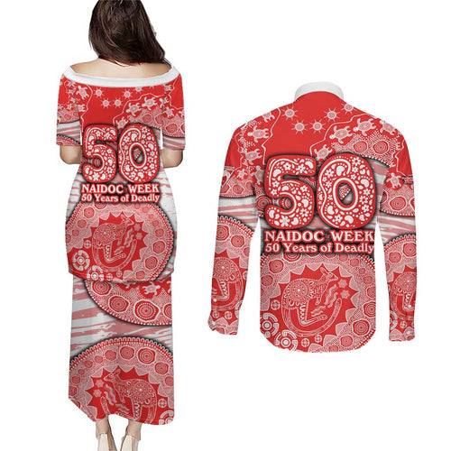 Sydney Swans NAIDOC Week 2026 Couples Matching Puletasi and Long Sleeve Button Shirt Australian Aboriginal Dot Art Dreamtime Pattern Style