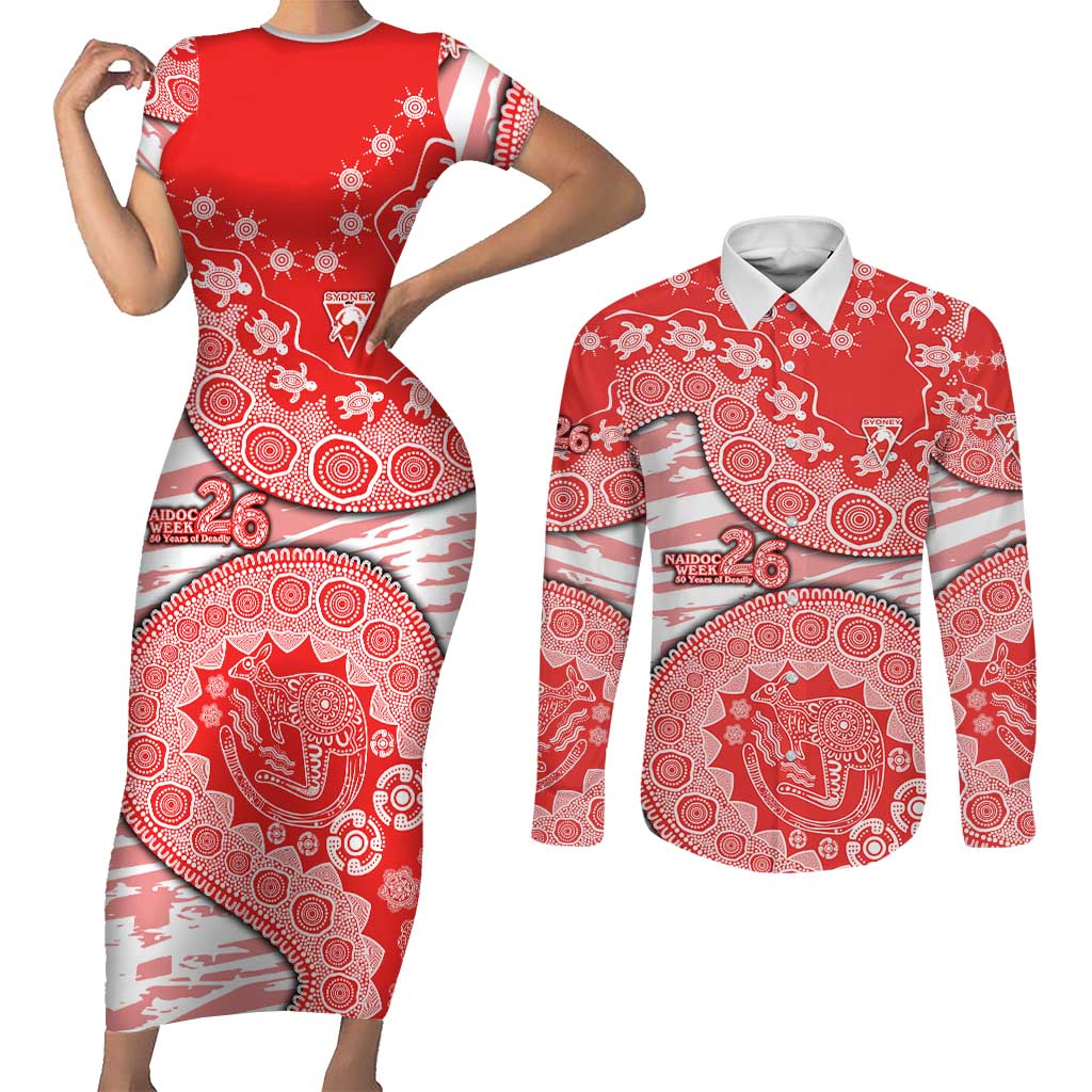 Sydney Swans NAIDOC Week 2026 Couples Matching Short Sleeve Bodycon Dress and Long Sleeve Button Shirt Australian Aboriginal Dot Art Dreamtime Pattern Style