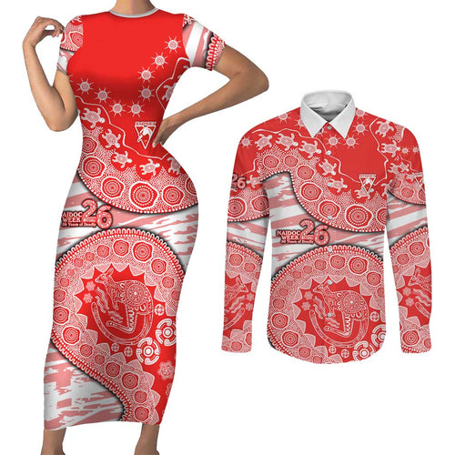 Sydney Swans NAIDOC Week 2026 Couples Matching Short Sleeve Bodycon Dress and Long Sleeve Button Shirt Australian Aboriginal Dot Art Dreamtime Pattern Style