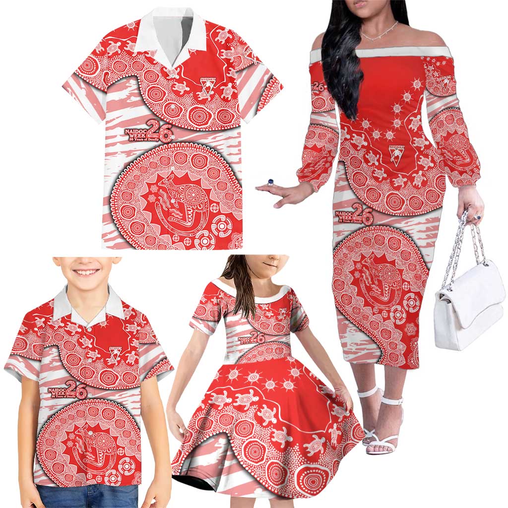 Sydney Swans NAIDOC Week 2026 Family Matching Off The Shoulder Long Sleeve Dress and Hawaiian Shirt Australian Aboriginal Dot Art Dreamtime Pattern Style