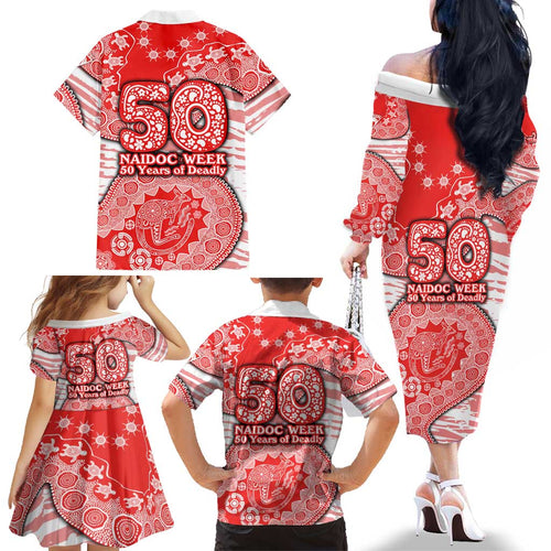 Sydney Swans NAIDOC Week 2026 Family Matching Off The Shoulder Long Sleeve Dress and Hawaiian Shirt Australian Aboriginal Dot Art Dreamtime Pattern Style