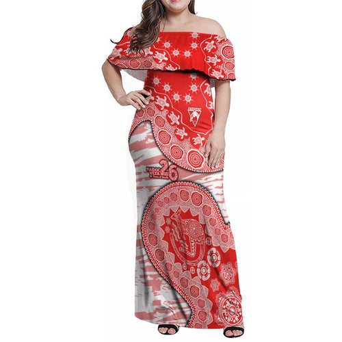 Sydney Swans NAIDOC Week 2026 Family Matching Off Shoulder Maxi Dress and Hawaiian Shirt Australian Aboriginal Dot Art Dreamtime Pattern Style