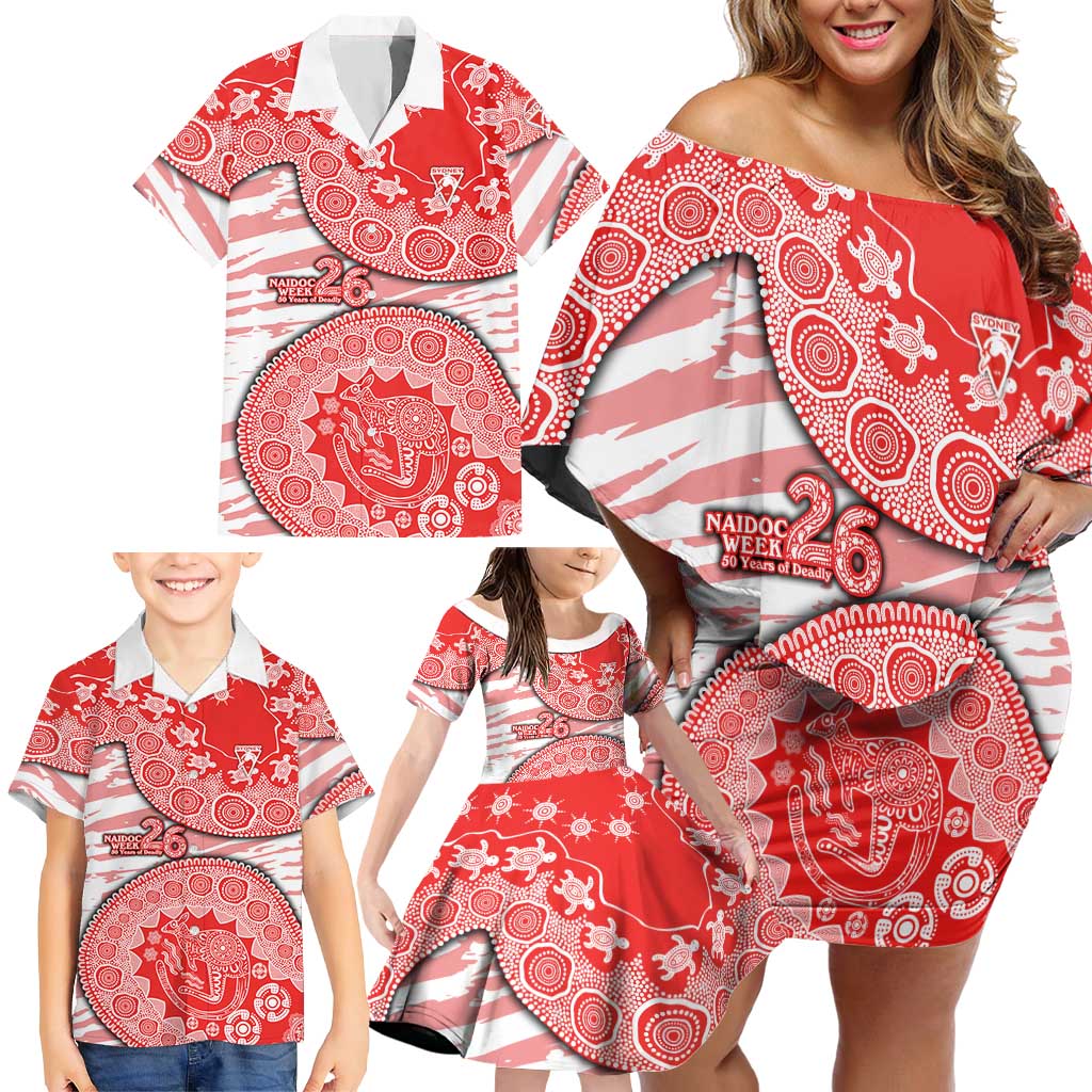 Sydney Swans NAIDOC Week 2026 Family Matching Off Shoulder Short Dress and Hawaiian Shirt Australian Aboriginal Dot Art Dreamtime Pattern Style