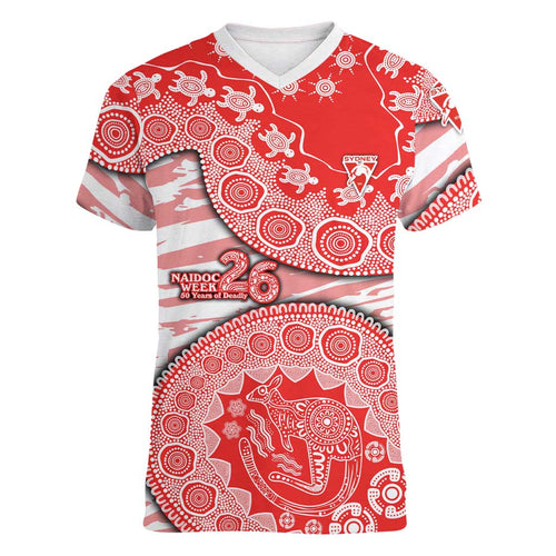 Sydney Swans NAIDOC Week 2026 Women V-Neck T-Shirt Australian Aboriginal Dot Art Dreamtime Pattern Style