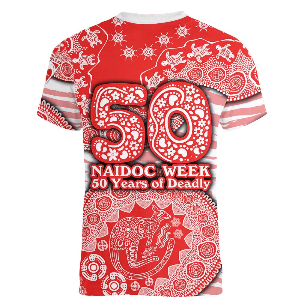 Sydney Swans NAIDOC Week 2026 Women V-Neck T-Shirt Australian Aboriginal Dot Art Dreamtime Pattern Style