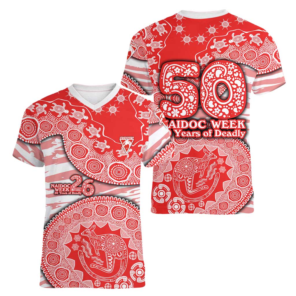 Sydney Swans NAIDOC Week 2026 Women V-Neck T-Shirt Australian Aboriginal Dot Art Dreamtime Pattern Style