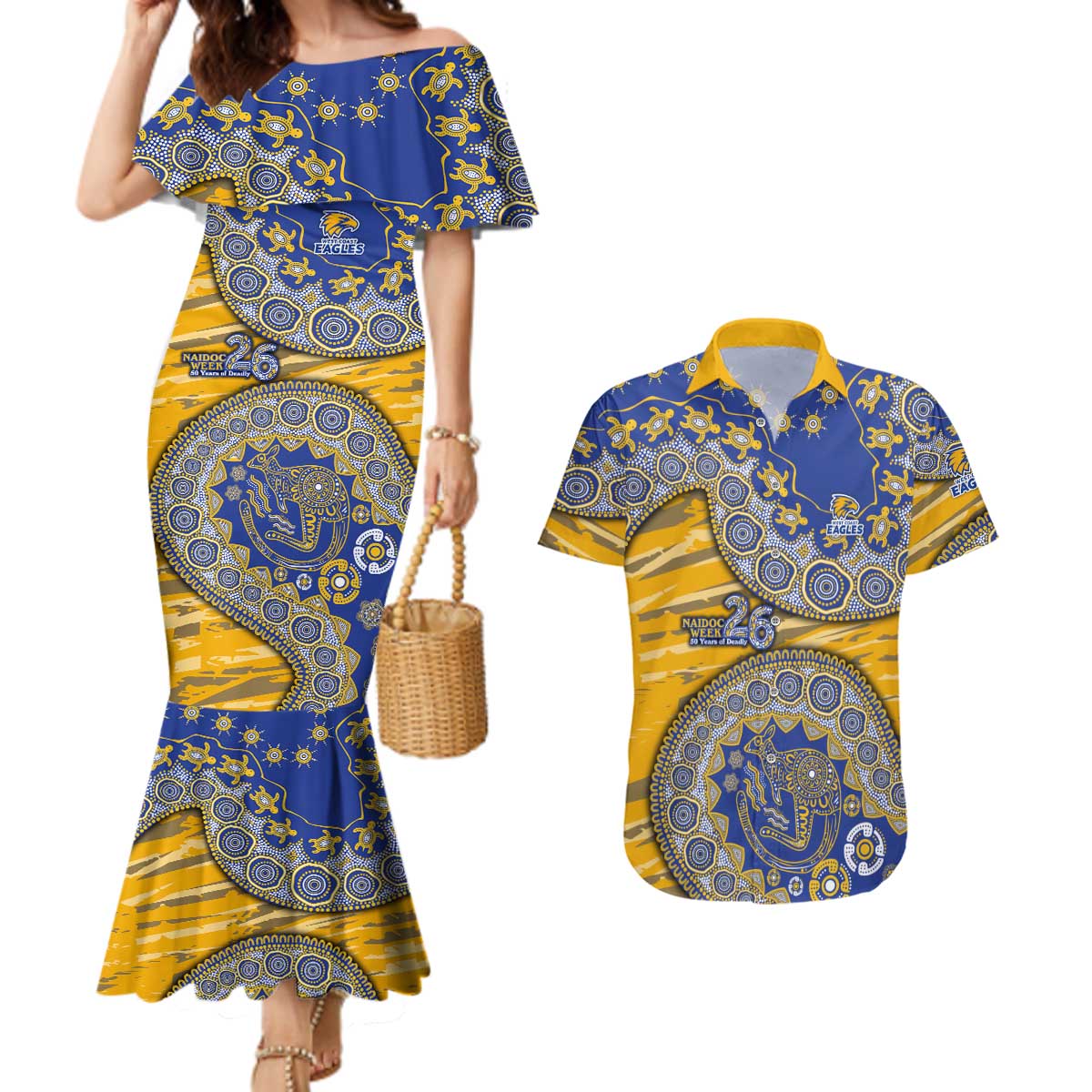 West Coast Eagles NAIDOC Week 2026 Couples Matching Mermaid Dress and Hawaiian Shirt Australian Aboriginal Dot Art Dreamtime Pattern Style