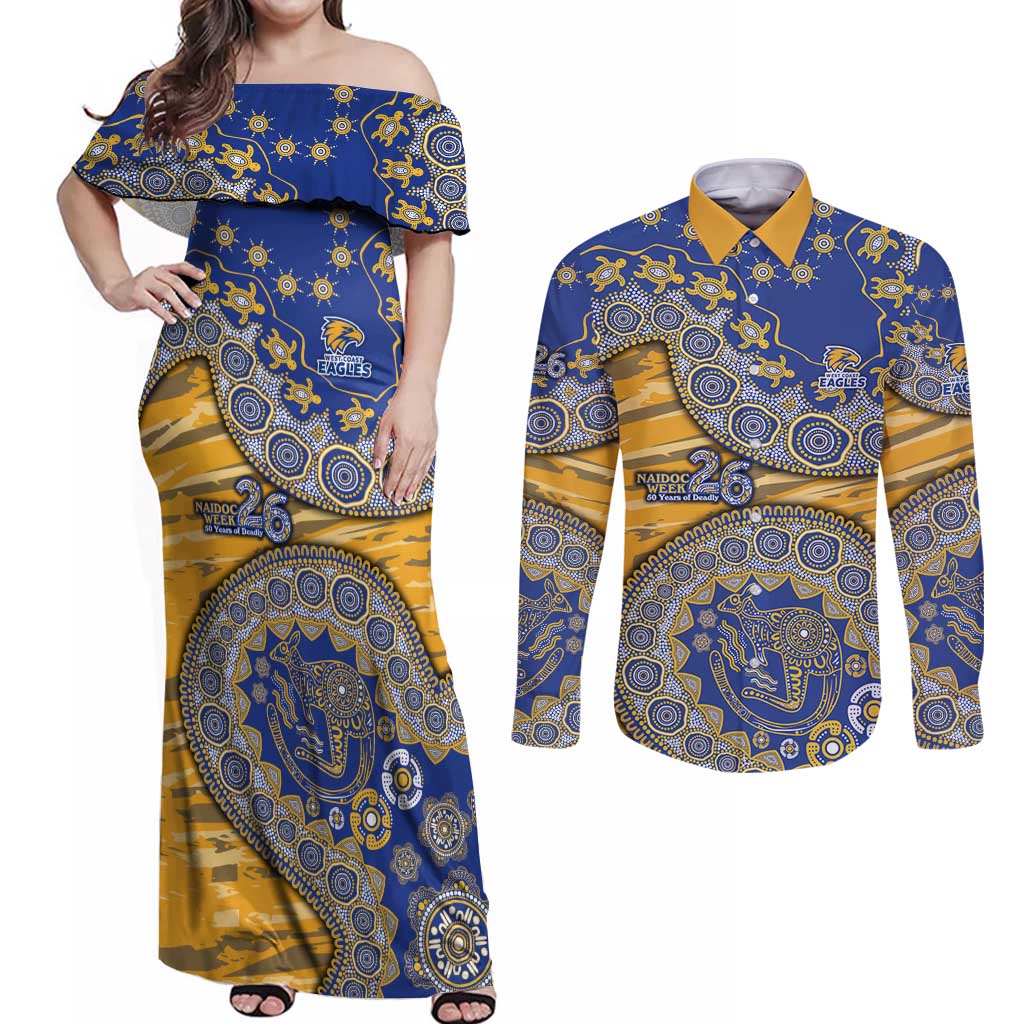 West Coast Eagles NAIDOC Week 2026 Couples Matching Off Shoulder Maxi Dress and Long Sleeve Button Shirt Australian Aboriginal Dot Art Dreamtime Pattern Style