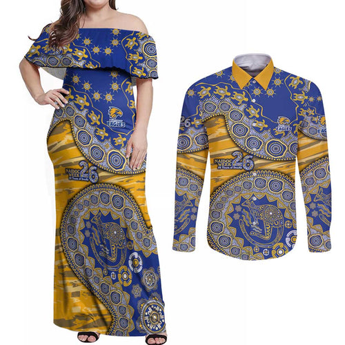 West Coast Eagles NAIDOC Week 2026 Couples Matching Off Shoulder Maxi Dress and Long Sleeve Button Shirt Australian Aboriginal Dot Art Dreamtime Pattern Style