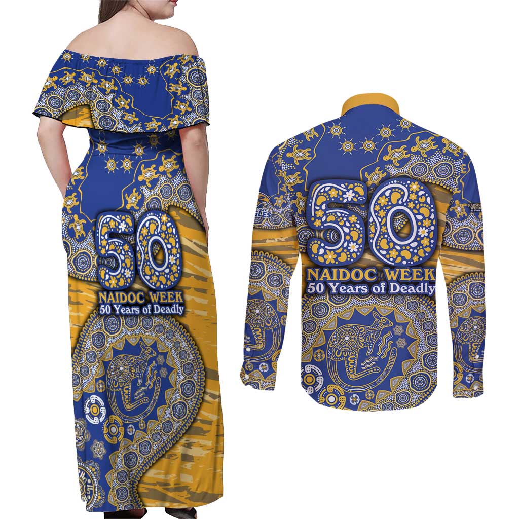 West Coast Eagles NAIDOC Week 2026 Couples Matching Off Shoulder Maxi Dress and Long Sleeve Button Shirt Australian Aboriginal Dot Art Dreamtime Pattern Style