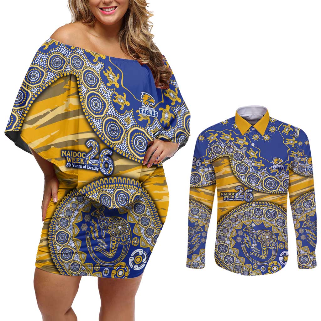 West Coast Eagles NAIDOC Week 2026 Couples Matching Off Shoulder Short Dress and Long Sleeve Button Shirt Australian Aboriginal Dot Art Dreamtime Pattern Style