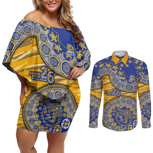 West Coast Eagles NAIDOC Week 2026 Couples Matching Off Shoulder Short Dress and Long Sleeve Button Shirt Australian Aboriginal Dot Art Dreamtime Pattern Style